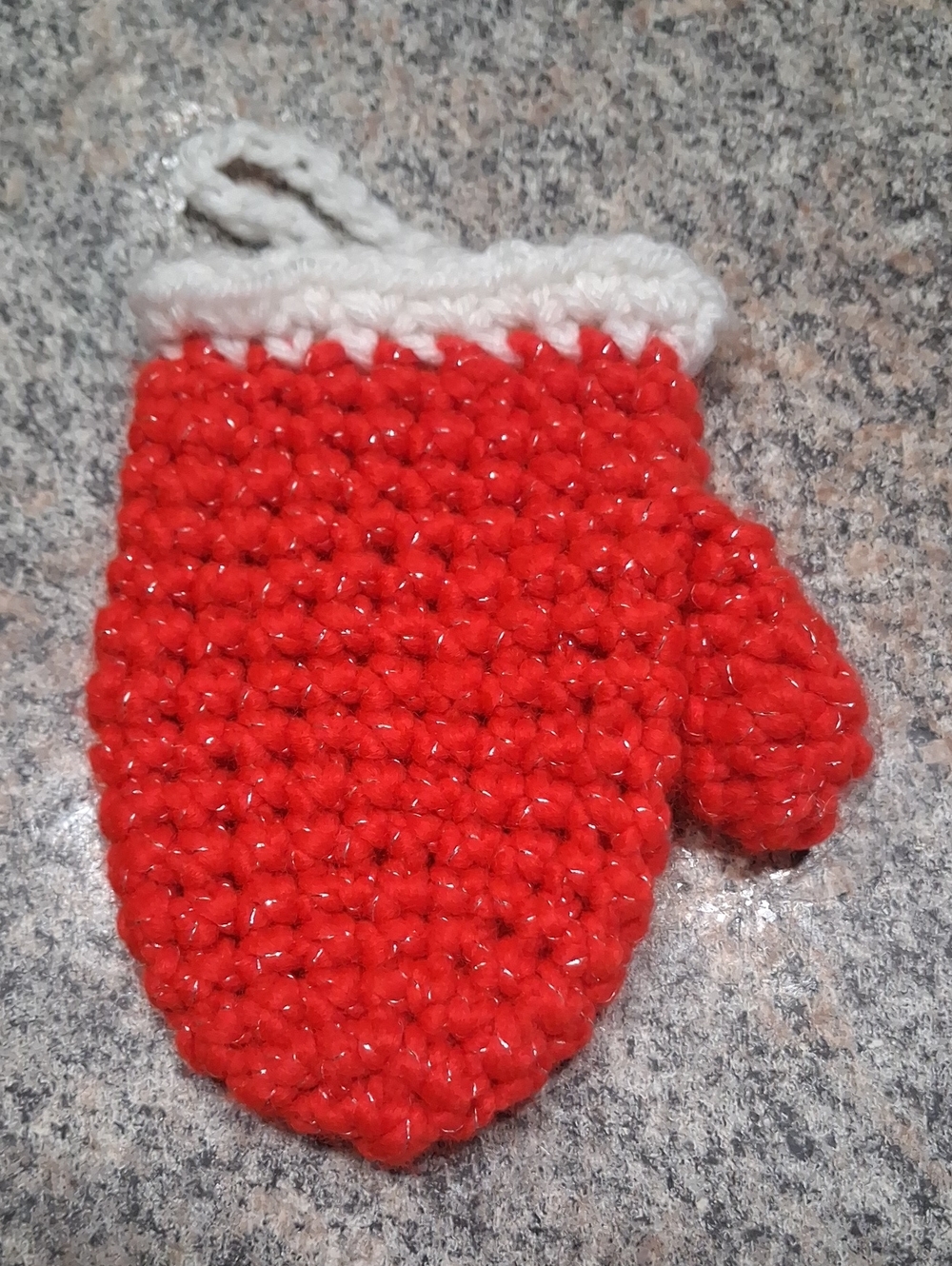 Handmade Red Crochet Mitten with White Trim Ornament